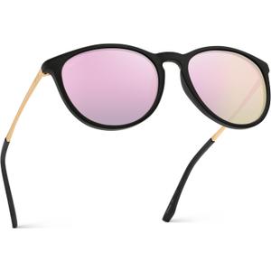 WearMe Pro Women's Round Sunglasses with Polarized UV Protection, Trendy Retro Designer Style (Black Frame/Mirror Pink Lens)