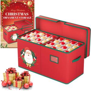 Christmas Ornament Storage Box Christmas Ornament Storage Organizer with Adjustable Divider 128 Ornaments 600D Oxford Fabric Christmas Storage Containers Holiday Ornament Storage Box (Red)