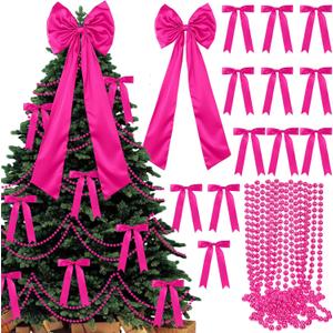 Gejoy Bow Christmas Tree Decoration Set, 30 Pcs Small Bows 1 Pcs 47" x 15.7" Large Tree Topper Satin Bows and Christmas Beads Garland Ornaments, Xmas Bead for Holiday Decor(Rose Red)