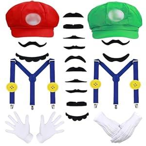 Bros Mary & Luigi Hat Costume Mustaches Gloves Buttons for Halloween Costume Cosplay