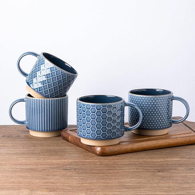 GBhome 12OZ Stackable Coffee Mugs, Ceramic Coffee Mugs with Texture Patterns for Man,Woman,Dad,Mom, Modern Coffee Cups Set of 4 for Latte/Cappuccino/Cocoa. Dishwasher&Microwave Safe, Gray