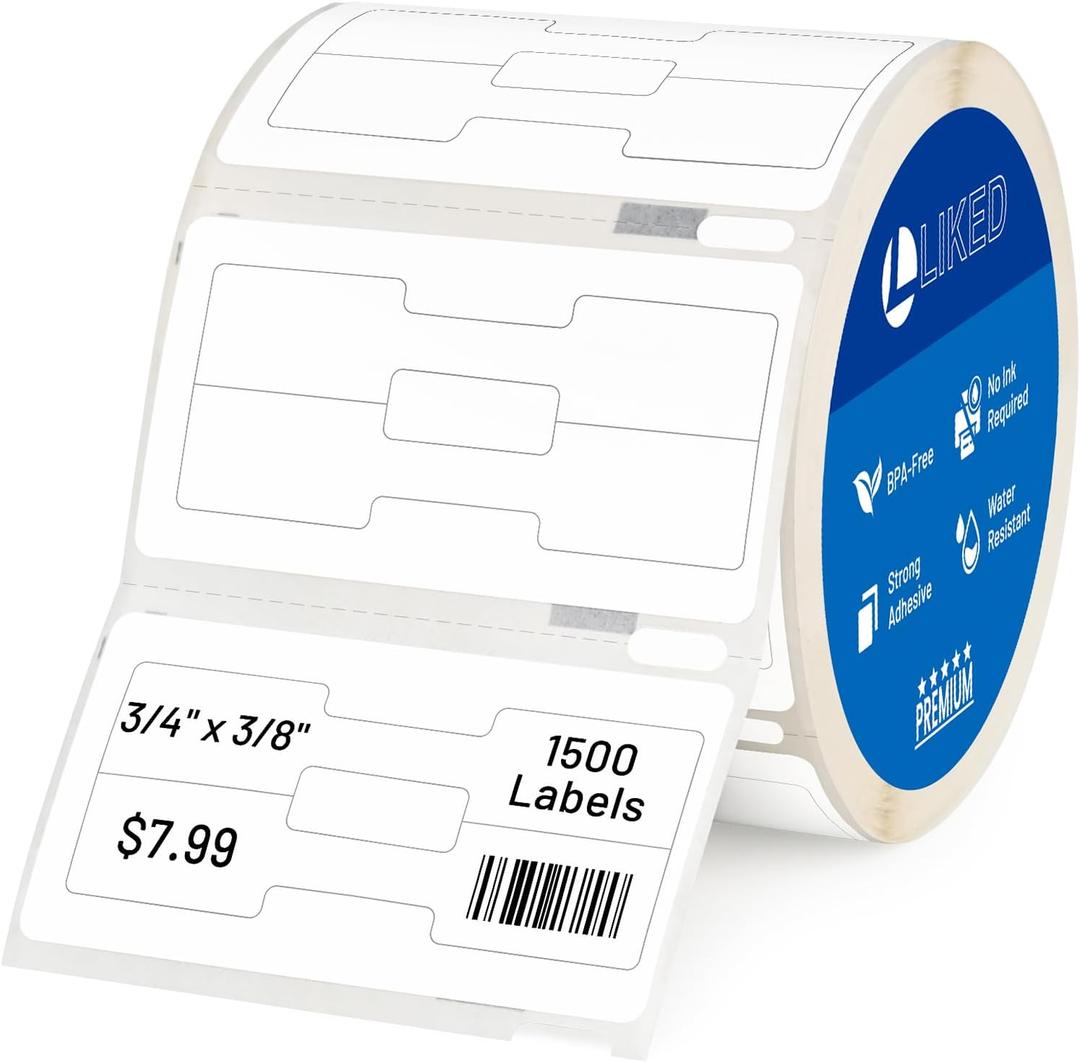 L LIKED 1500 PCS 3/8" x 3/4" Jewelry/Price Tag 2-up Thermal Labels, Permanent Adhesive, Compatible with Rollo, Zebra and Dymo 450/4XL, Fit for Dymo 30299 (1 Roll, 1500 Labels)