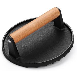 AIVIKI Burger Press, Smash Burger Press for Blackstone Griddle, Heavy Duty Cast Iron Round 6.9In Bacon Grill Press with Wood Handle, Meat Steak Weight for Sandwich, Paninis (Round)