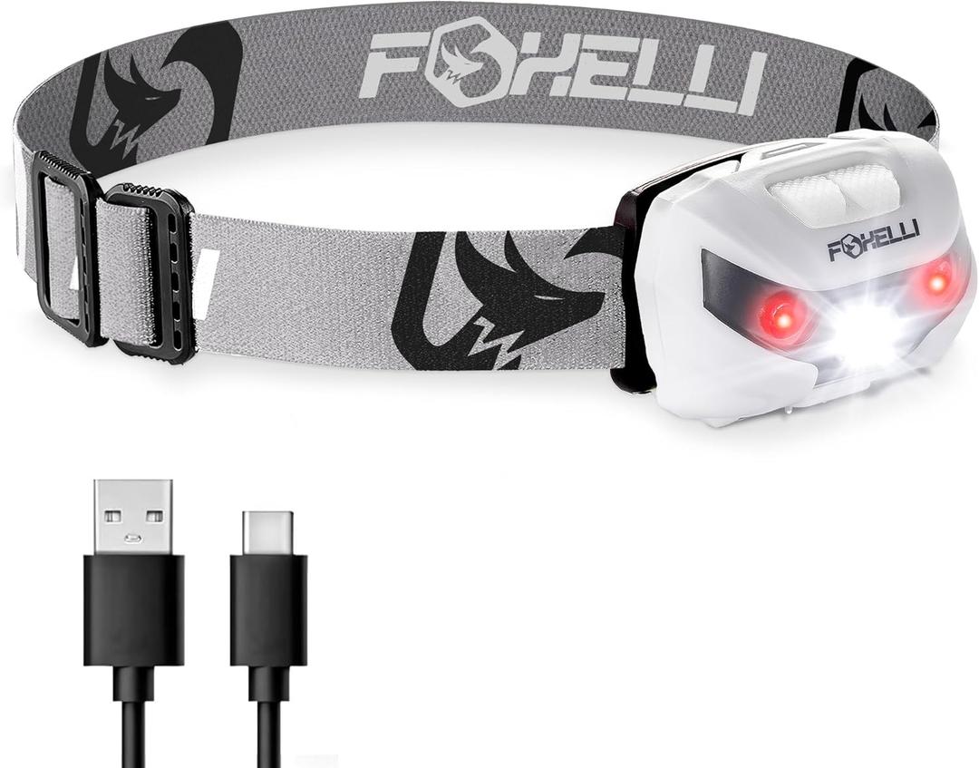 Foxelli USB-C Rechargeable LED Headlamp  Super Bright, Lightweight Head Lamp for Running, Camping, Hiking & Work  Comfortable Fit for Adults & Kids (White)