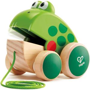 Hape Frog Pull-Along | Wooden Frog Fly Eating Pull Toddler Toy, Bright Colors