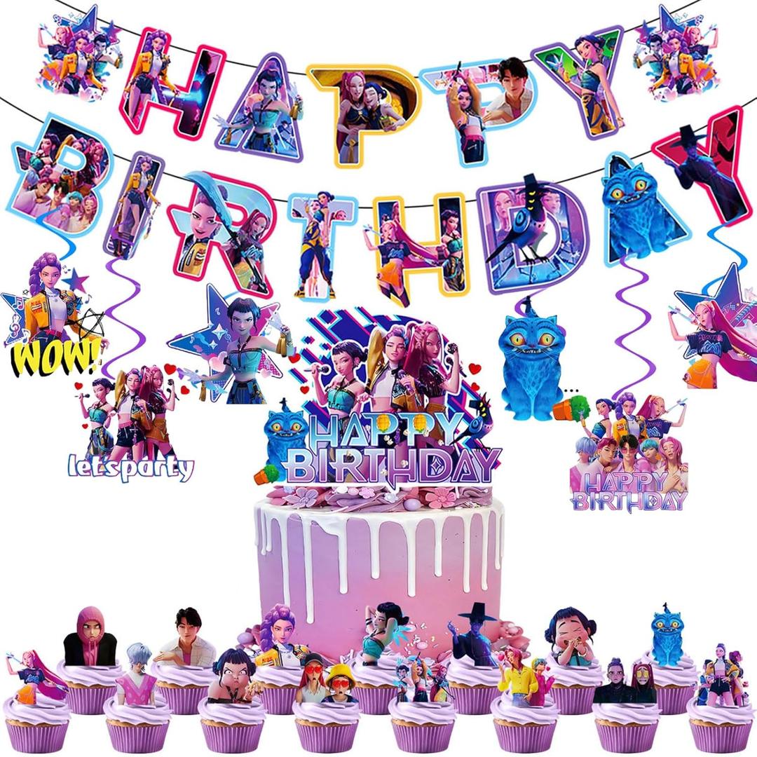 23 Pcs Anime Party Decorations, Cute Cartoon Happy Birthday Decorations, Includes 1 Birthday Banner, 6 Suspension Decor, 1 Cake Topper, and 15 Dessert Toppers.
