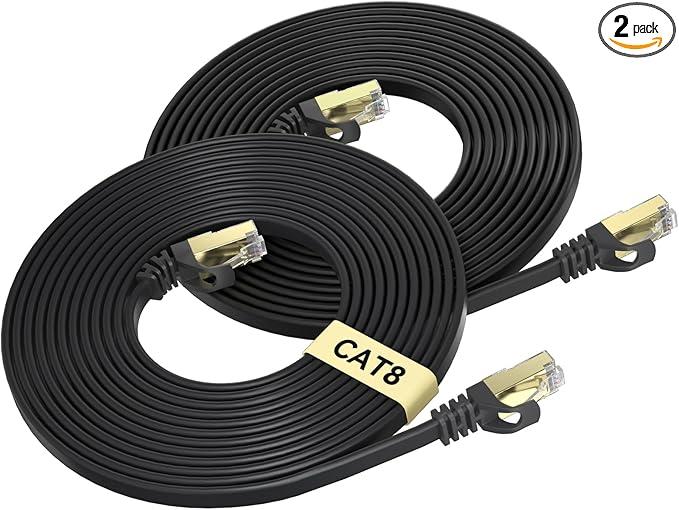 BUSOHE Cat 8 Ethernet Cable 15 FT 2-Pack, 40Gbps 2000MHz Cat8 High Speed Flat Internet Network Patch Cord, SFTP Shielded LAN Wire with Gold Plated RJ45 Connector for Outdoor Indoor - 15FT Black