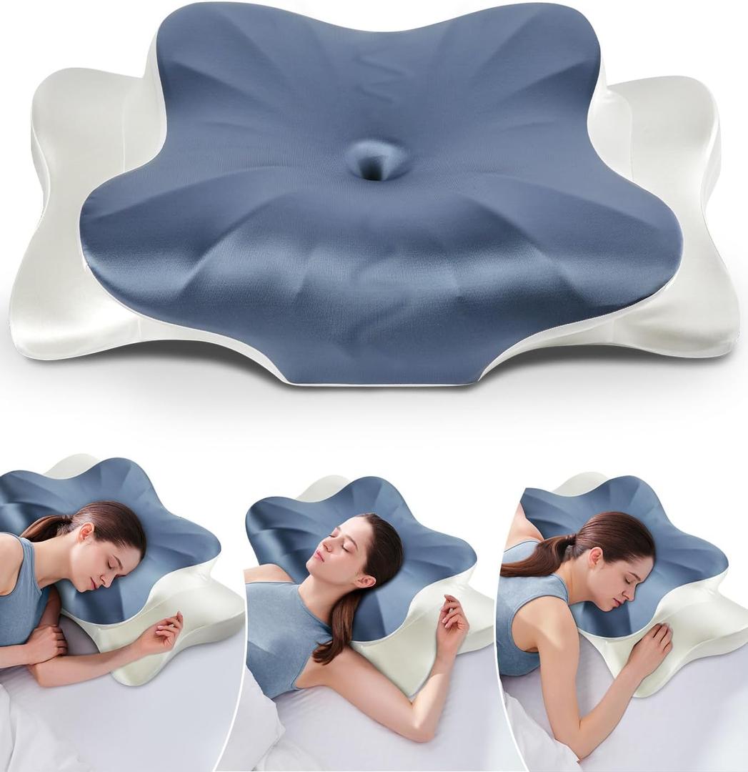 DONAMA Cervical Pillow for Neck and Shoulder Pain Relief, Cooling Contour Memory Foam Pillow, Dual-Height Ergonomic Neck Support Pillow for Side Back Stomach Sleepers with Removable Pillowcase (King Size, Ice Silk Dark Blue)