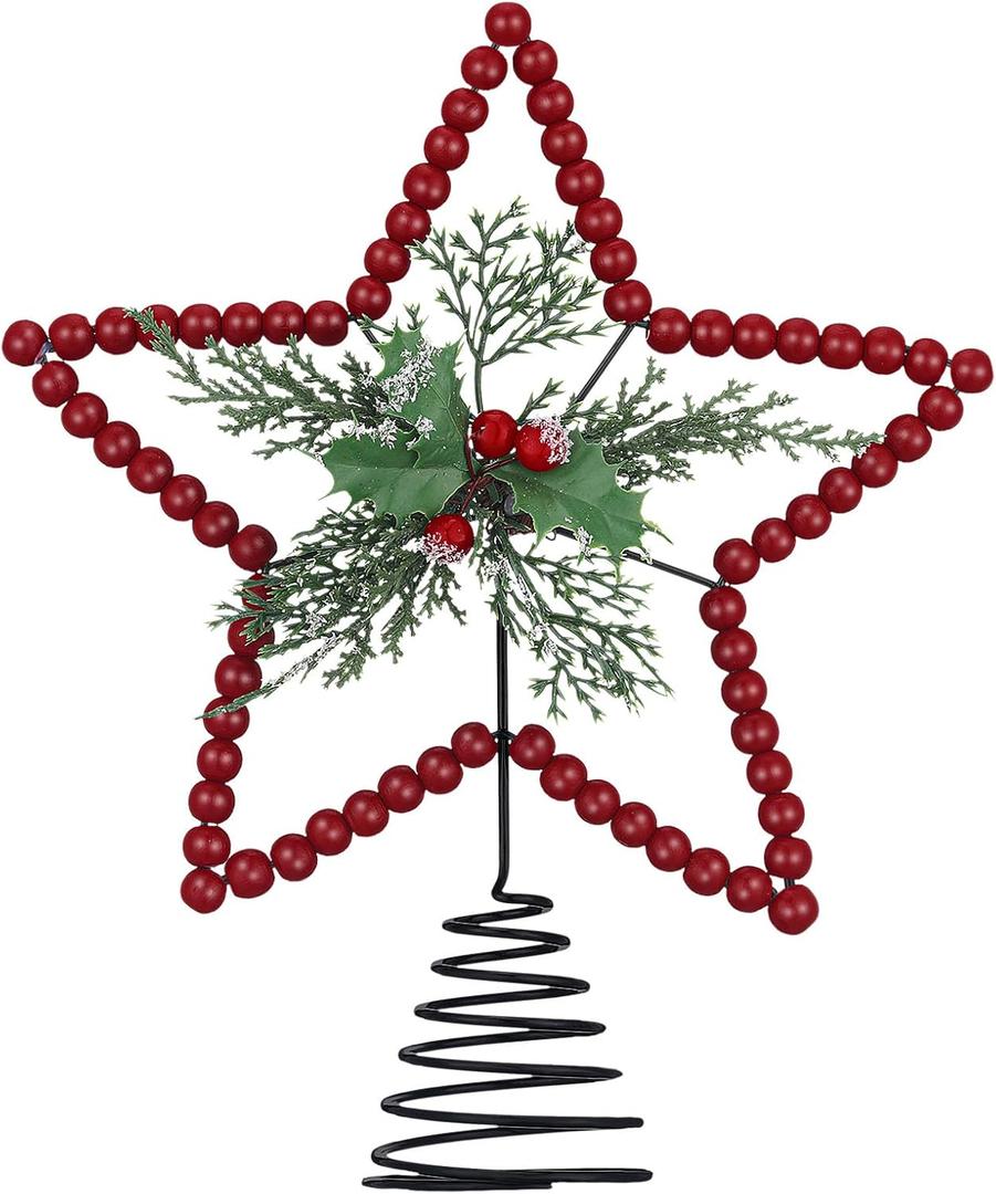 Gejoy Christmas Beaded Star Tree Topper Farmhouse Rustic Decoration with Berries Pine Cones Neutral Christmas Star Topper for Tree Decorations(Berry, Red)