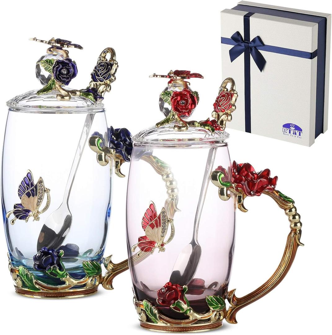 BTaT- Fancy Tea Cups with Lids, Pack of 2, Glass Tea Cup Gift, Gifts for Women, Blown Glass, TeaCup,
