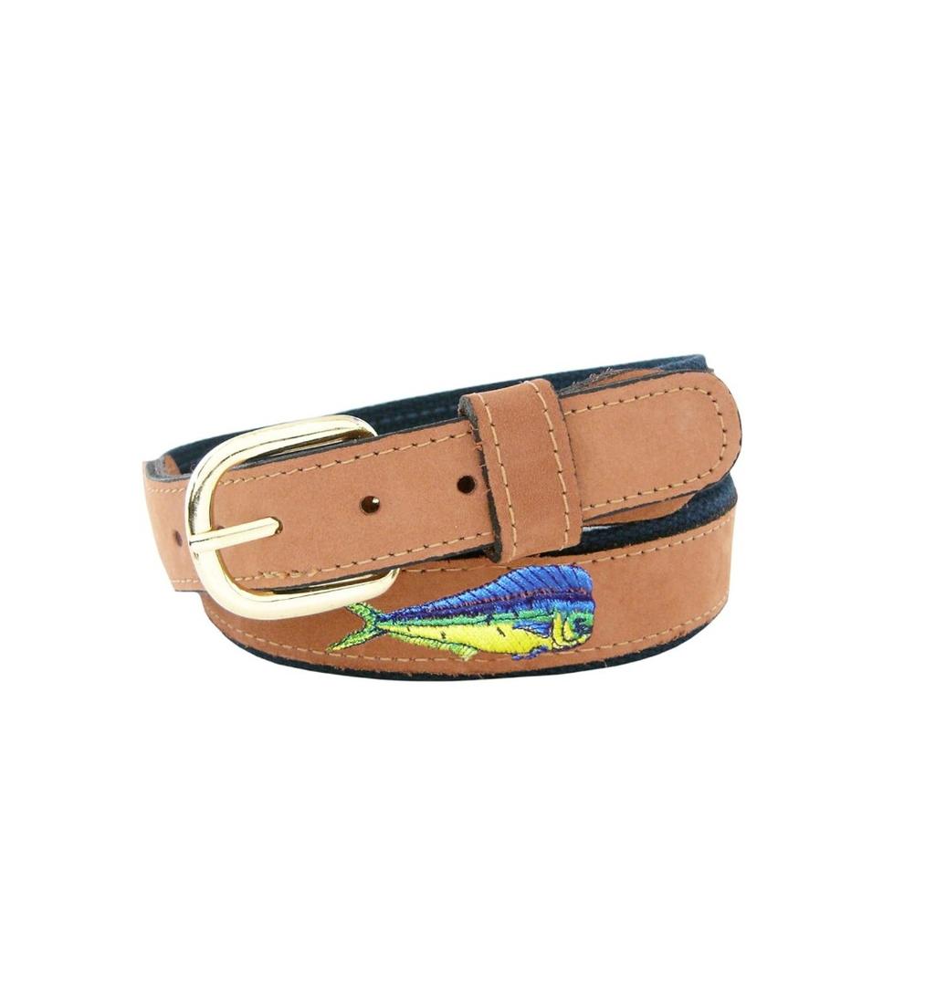 ZEP-PRO Men's Tan Leather Embroidered Dolphin Belt, Tan / Navy  ZEP-PRO Men's Tan Leather Embroidered Dolphin Belt, Tan / Navy