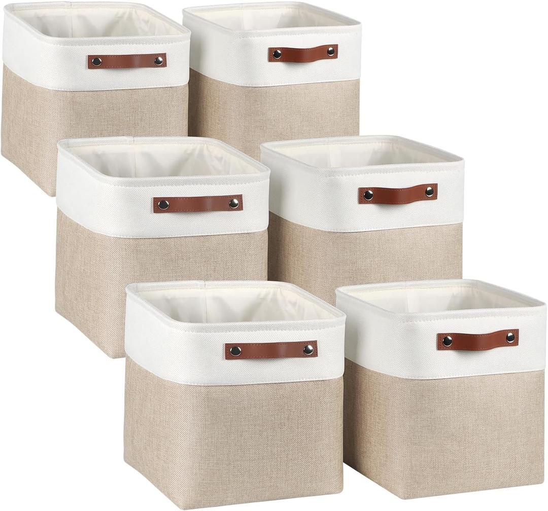 Kntiwiwo Fabric Storage Cubes 10.5x10.5x11 Cube Storage Bins for Closet Organizers and Storage Shelves Foldable Storage Bin with Handles, Set of 6, Beige