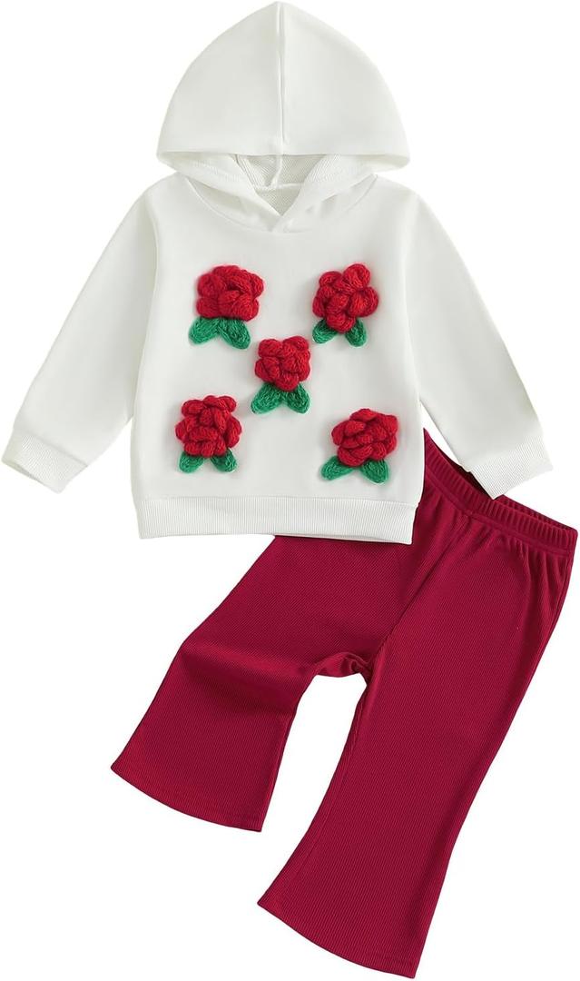 Toddler Girl Fall Outfits Flower Long Sleeve Sweatshirt Hoodies+Elastic Waist Flare Long Pants 2Pcs Clothes Set (White, 4Y)