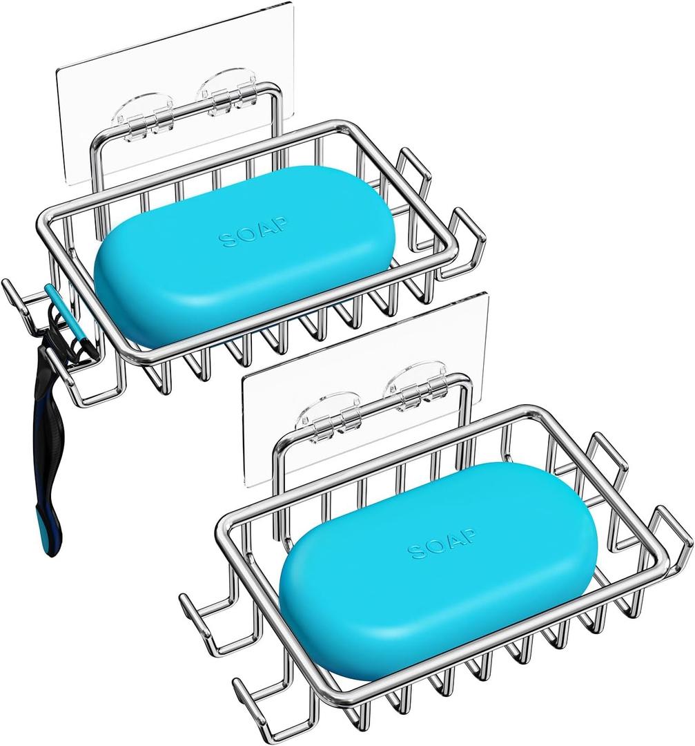 Nieifi Soap Dish,Bar Soap Holder for Shower Wall with 4 Hooks Stainless Steel Adhesive Soap Dish for Bathroom Shower Razor Holder (Silver) (2 Pack)