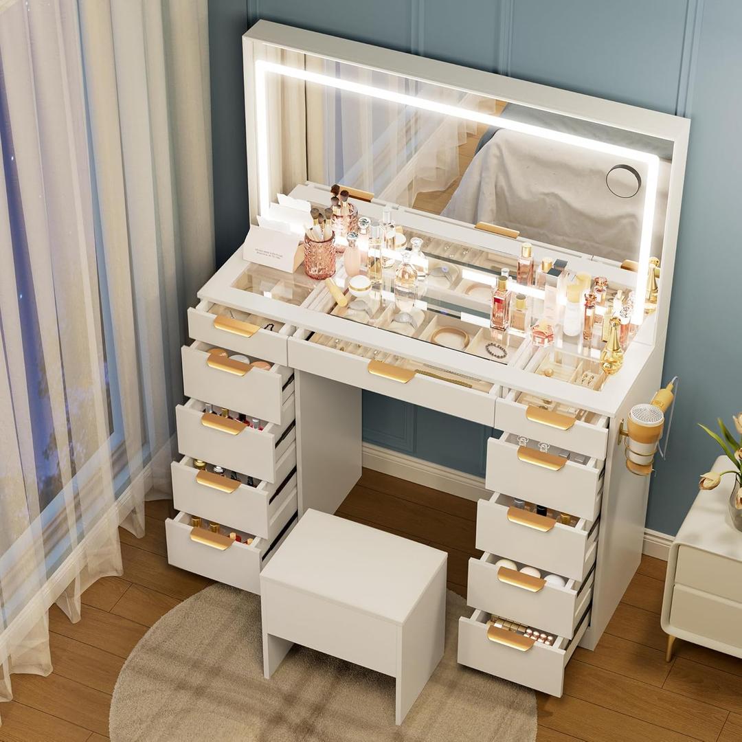 Pamapic Glass Top Vanity Desk with Mirror and Lights, 11 Drawers Makeup Vanity with Charging Station and Chair, Golden Handles Dressing Table, 3 Lighting Modes Makeup Table, White (46"*15.8"*56.1" Gold Handle)