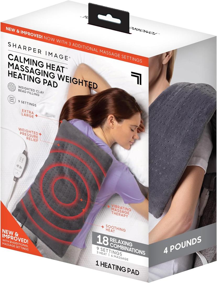 Calming Heat Massaging Weighted Heating Pad by Sharper Image- Weighted Electric Heating Pad with Massaging Vibrations, 9 Settings- 3 Heat, 6 Massage- 18 Relaxing Combinations, 12 x 24, 4 lbs