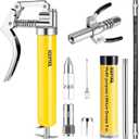 KOOPOOL Mini Grease Gun Kit, 4500 PSI Grease Gun with Upgraded Double-Handle 6-Jaw Lock and Seal Coupler, Includes 3oz Grease Cartridge, Precision Needle Nozzle & 12" Flex Hose