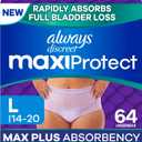 Always Discreet MaxiProtect Adult Diapers for Women, Incontinence Underwear, Scented, Postpartum Essentials, Bladder Leak Protection, Disposable Briefs, Maximum Plus Absorbency, Size L, 64 Count
