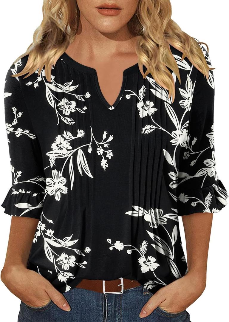 KISSMODA Womens 3/4 Length Sleeve Tops Summer Blouses Spring Ruffle Tunic T-Shirts Dressy Casual (Black, L)