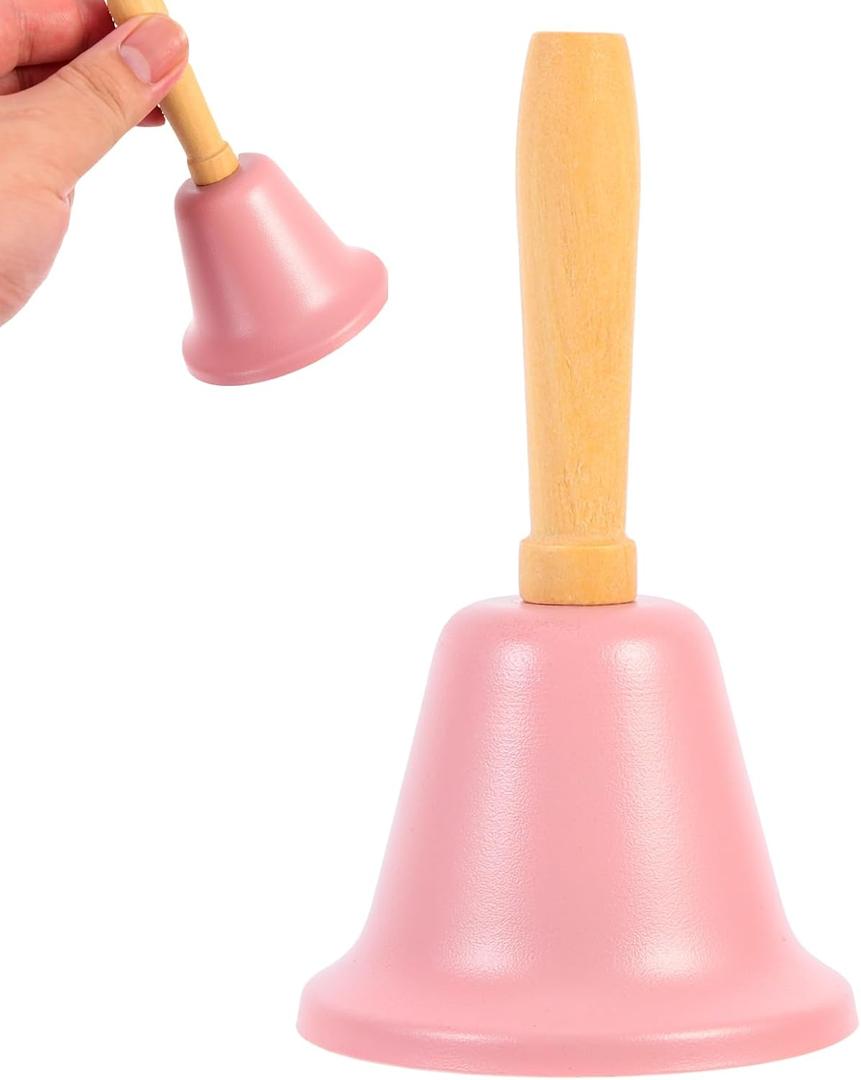 Pink Christmas Bell with Wood Handle, 4.72 Inch Metal Bell for Xmas Restaurant Customer Service Jinglebell for Home Christmas Decor