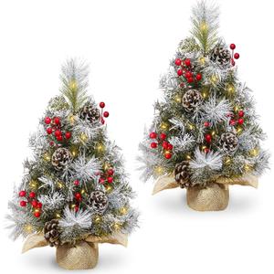2 Pack 24 Inch /2FT Tabletop Christmas Tree, Snowy Flocked Artificial Small Christmas Trees Timer 30 Warm White Lights Battery Operated Pine Cones Red Berried, Mini Xmas Tree for Indoor Home Decor