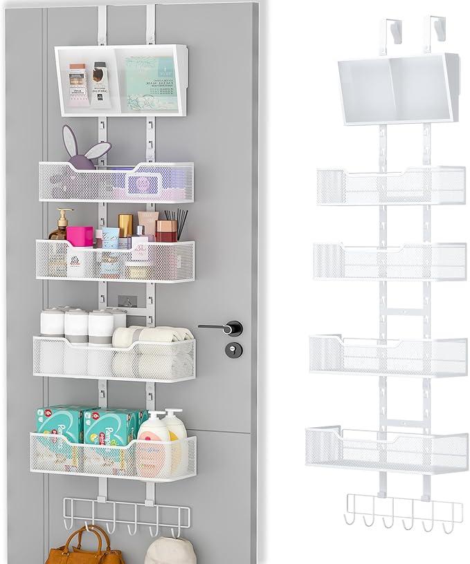 Hongtamoya Adjustable Over The Door Organizer, Hanging Door Storage with PVC Pocket and 4 Metal Baskets Wall Mount, Closet Door Organizer Behind Door Rack for Bathroom Bedroom Closet, White