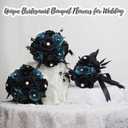Set of 6 Bridesmaid Bouquets for Wedding - 7 inch Artificial Flower Bouquet Silk Rose with Pearls Gothic Small Floral Bouquets for Bridal Shower Marriage Proposal Halloween Party Ceremony Anniversary (Black & Blue)