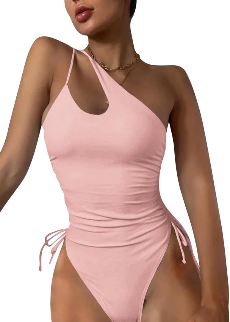 Eomenie Women's One Piece One Shoulder Swimsuit with Drawstring Tummy Control Bathing Suit Sexy High Cut Swim Suits (Pink, XXL)