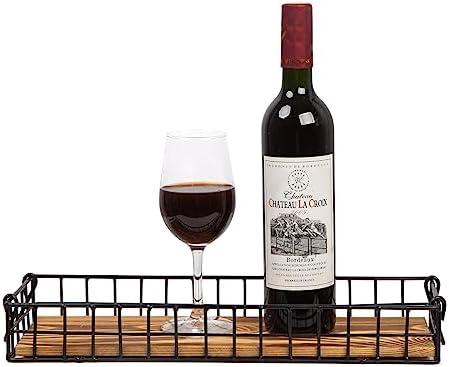 ExoLiry Rustic Torched Brown Wood Serving Tray Industrial Metal Wire Frame Handles Mesh Basket Rectangular Wooden Display Box Tabletop Kitchen Living Room Breakfast Party Office Supplies Decors