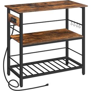 HOOBRO Kitchen Island with Storage, Kitchen Island Table with Power Outlet, 35.4" L 3 Tier Coffee Station and Microwave Stand, for Home, Dining Room, Rustic Brown and Black BF021ZD01