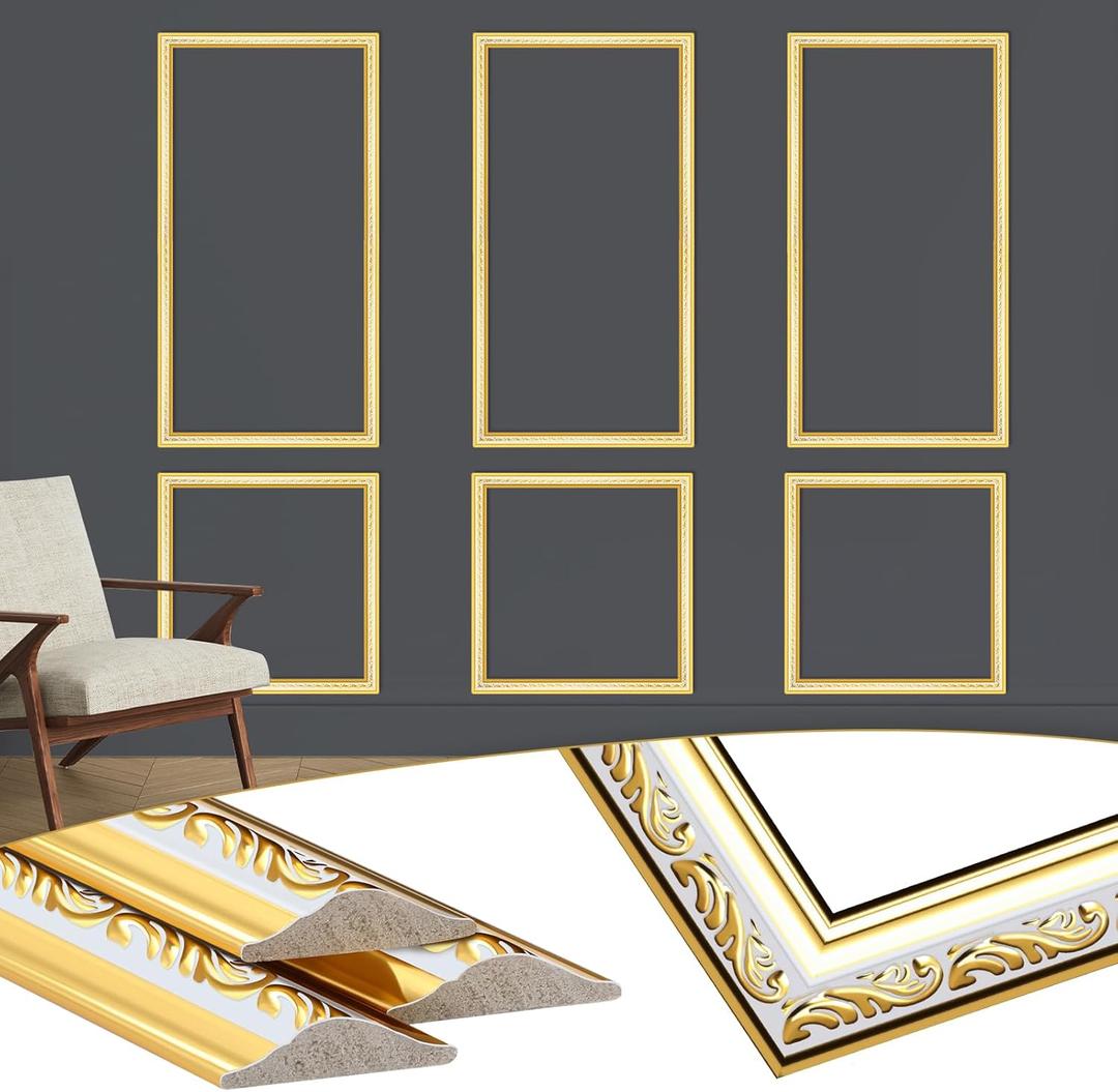 3 Set Gold White Peel and Stick Wall Molding Kit 6 Frame Premade Wainscoting Accent Panel Ready to Assemble 3D Wall Panels Trim for Interior Mirror Home Molding Decor, 54 x 24 Inch