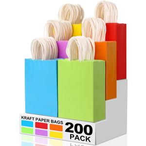 XPCARE 200Pcs Paper Gift Bags, 6.3"x3.15"x8.66" Kraft Paper Party Favor Bags Bulk Rainbow Goodie Bags Small Gift Bags with Handles for Kids Birthday Baby Shower Crafts Wedding Supplies (6 Colors)