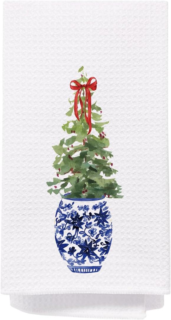 SPBL&L Christmas Kitchen & Bath Towels, Blue & White Chinoiserie Christmas Tree Hand Towels, 16x24 Inch