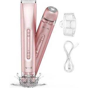 Bikini Trimmer for Women,Bikini Razor for Women Pubic Hair, 2 in 1 Wet & Dry Use Groomer,Painless Body Hair Trimmer for Face Legs Underarm Electric Shavers Razors Rechargable IPX7 Waterproof (Pink)