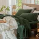MooMee Bedding Sheet Set 100% Washed Cotton Linen Like Textured Breathable Durable Soft Comfy (Solid Forest Green, Queen)