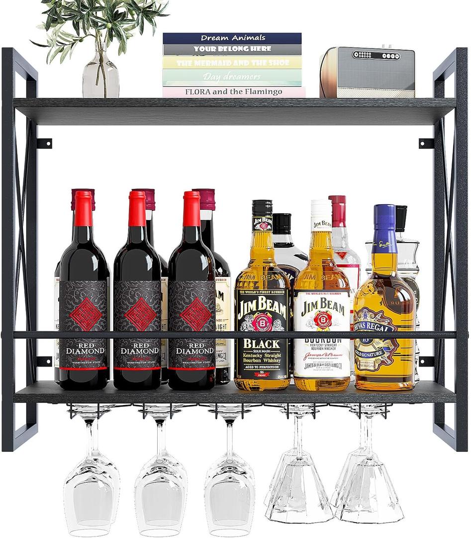 Dokser Wine Rack Wall Mounted 2 Tier Shelf, Wall Wine Rack with Rustic Wood & Industrial Iron Frame, Wine Bottle Holder for Kitchen, Dining Room, Home Bar Decor (Black) (Short)