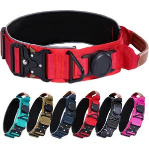 AirTag Dog Collar, 2" Wide Waterproof Military Tactical Dog Collar with AirTag Holder, Leather Handle and Metal Buckle, Reflective, Padded, Heavy Duty Nylon Dog Collars for Large Dogs(Red, L) (Neck Girth: 17.7-24.4)