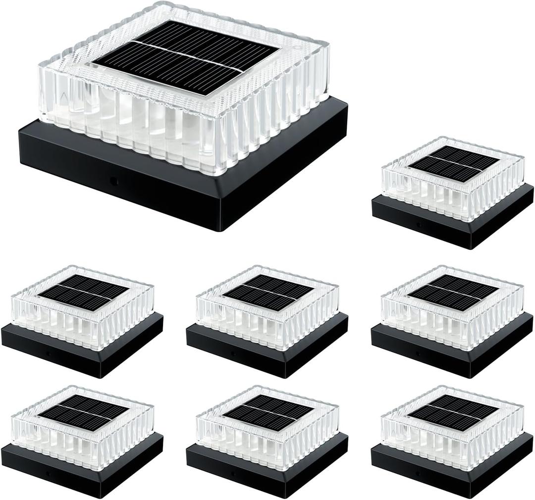 4x4 Solar Post Cap Lights: 8 Pack Fence Post Lights Outdoor 3000K with Clear Lampshade, IP65 Waterproof 10-12H Lasting and Easy Install for Backyard Deck Patio