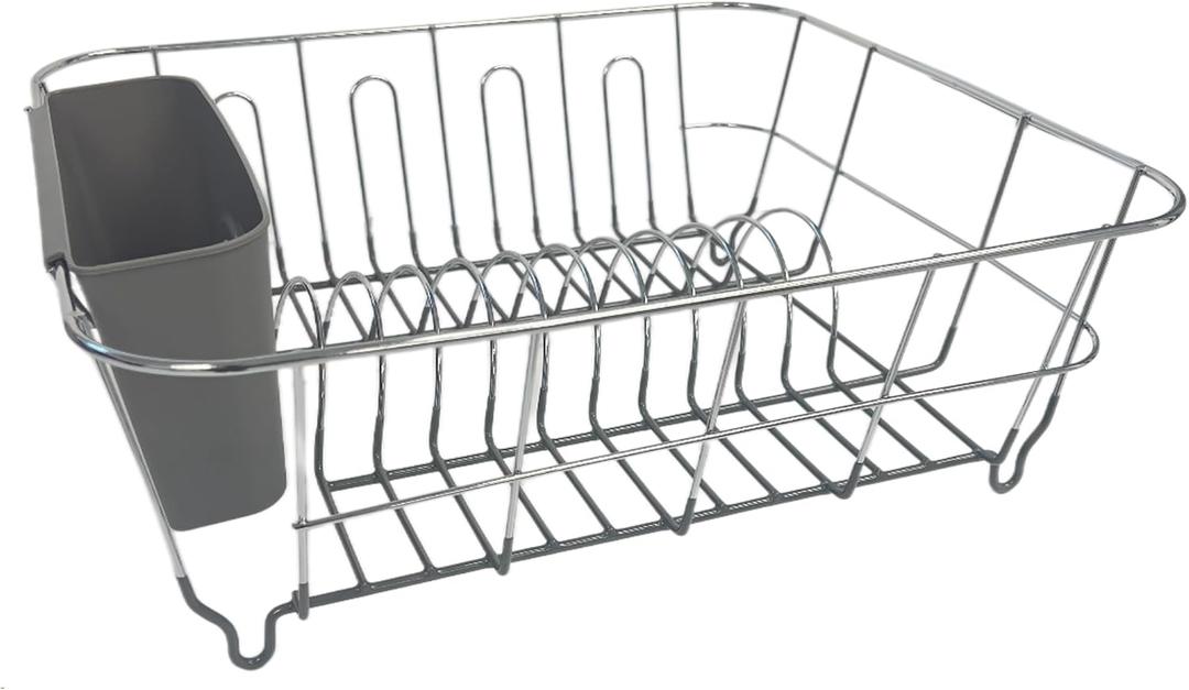 Dish Drying Rack & Cutlery Holder 2 Piece Set - Compact Sink-Fitting Dish Drainer with Rubberized Undercoating, Space-Saving Kitchen Organizer for Plates, Cups, Bowls & Utensils in Sink, Gray