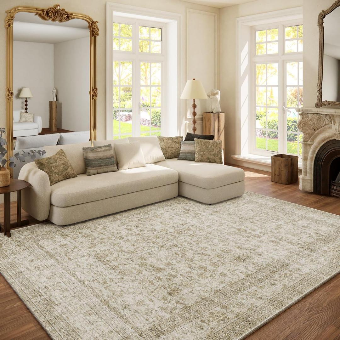 Machine Washable Rugs for Living Room: 6x9 Area Rugs for Bedroom Boho Vintage Rugs Stain Resistant Non Slip Low Pile Soft Lightweight Carpet for Kitchen Dining Room Farmhouse Nursery Kids Room (Beige and Brown)
