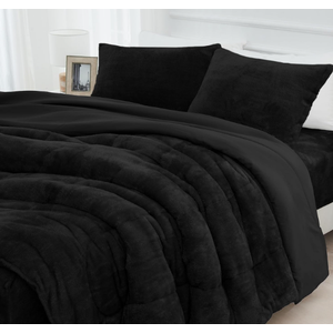 HCORA Faux Fur Comforter Set with Fitted Sheet - Luxury Ultra Soft Fluffy Fuzzy Queen Comforter Set, Cozy Warm Plush Bedding Comforter for Winter, 4 Pcs(1 Comforter +1 Fitted Sheet + 2 Pillowcases), Black