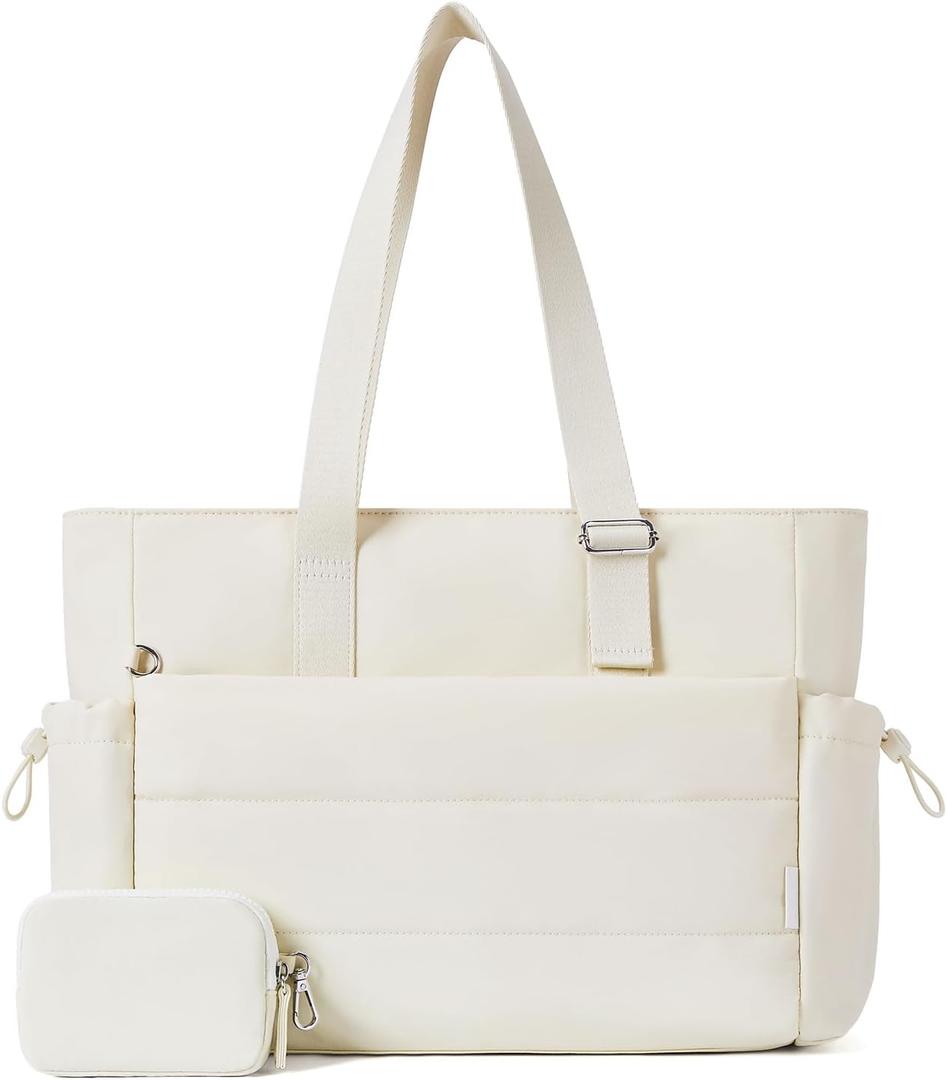 Roulens Tote Bag for Women 2 Set Puffer Tote Bag with Adjustable Top-handle, Quilted Shoulder Handbag for Work/Travel (Beige)