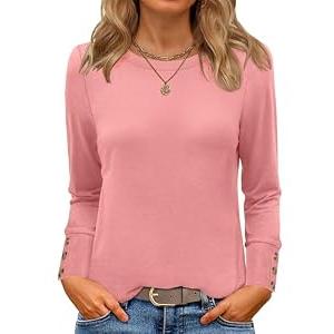 ANRABESS Long Sleeve Shirts for Women Crewneck Basic Tee Striped Tops 2026 Fall Casual Loose Fit T Shirts Fashion Outfits Coral Medium