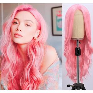 BrittyHair Pink Long Wavy Wig for White Women 26 Inch Middle Part Curly Wig Natural Looking Heatresistant synthetic fiber wigs for Daily Wear Cosplay and Halloween