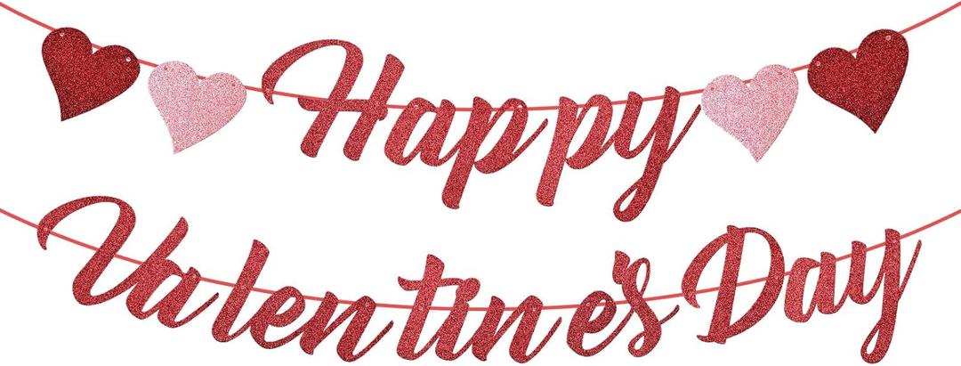 Glitter Happy Valentine's Day Banner with Hearts - Festive Valentine's Decor for Home, Party, Classroom - Red & Pink Romantic Sign for Valentines Holiday Decoration