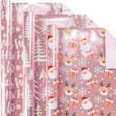 Burymento Christmas Wrapping Paper, Reversible Pink Christmas Tree, HO Santa Laughter, Snowflake, Reindeer, Design Gift Wrapping Paper Suitable for Holiday, Mini Roll (17 Inch X 120 Inch)