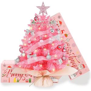 20" Mini Pink Christmas Tree, Artificial Small Christmas Tree with Lights, Tabletop Christmas Tree with Star Treetop,Bow Boxes and Ball Ornaments for DIY Christmas Decoration (Pink)