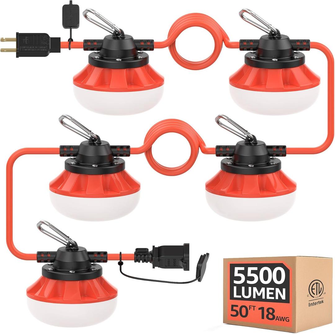 50FT Temporary Construction String Lights:50W 5500LM ETL Certified Industrial LED String Work Lights,IP65 Waterproof 18AWG Wire Super Bright for Garage Mine cave,with Hanging Hooks