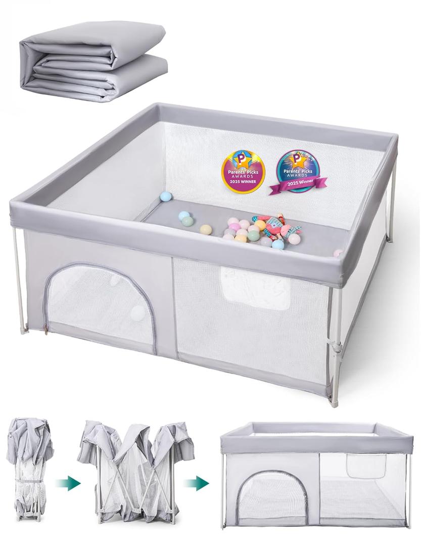 BABELIO Foldable Baby Playpen with Mat, 46"  46" Portable Playard for Babies and Toddlers, Parents' Picks Awards Winner, Indoor & Outdoor Kids Safety Play Pen Area, Travel Fence, Grey (46*46*26, Grey with Mat)