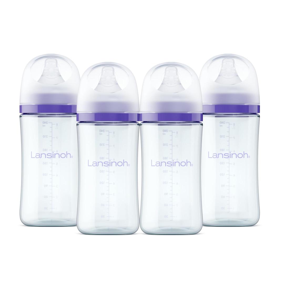Lansinoh Anti-Colic Glass Baby Bottles, 8 Ounces, 4 Count Bottles for Feeding, Baby Essentials, Includes 4 Medium Flow Nipples, Size M